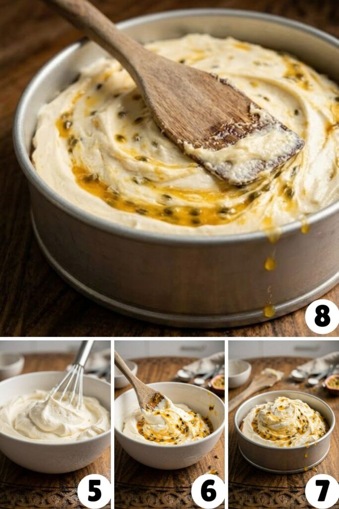 Modern food blog photography style, soft directional side lighting, zoomed-in shot of a large white ceramic bowl, almond and whole egg mixture being combined with whipped whites, wooden spatula resting mid-fold showing visible streaks of airy white meringue and pale yellow almond base not yet fully blended, texture appearing light and foamy, luxury warm Arabic wood table background with used whisk and flour dusting, sharp focus on the aerated batter, 45-degree angle, vertical 2:3 aspect ratio Continuity notes: Used whisk and flour dusting from prep carry forward on the wood table.